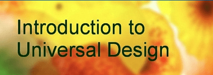 Title of course: introduction to universal design, yellow and orange blurred coloured background with dark blue text.