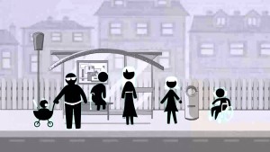 Stick figures represent the family members. The video is in black and white. This is one frame from Meet the Normals, Adventures in Universal Design.