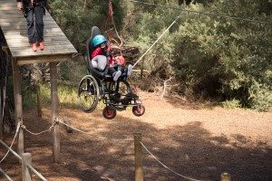 a person in a wheelchair is on the flying fox highlighting universal design at Camp Manyung.