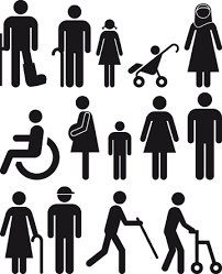 a series of black icons on white background depicting people of all shapes and sizes, including a baby in a stroller, a person with a can and a wheelchair user. Universal design thinking.