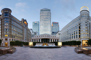 Picture of Cabot Square, Canary Wharf, London showing an open paved space with attractive buildings on all sides