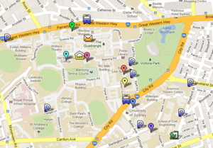 picture of a Google map with icons for parking and transport