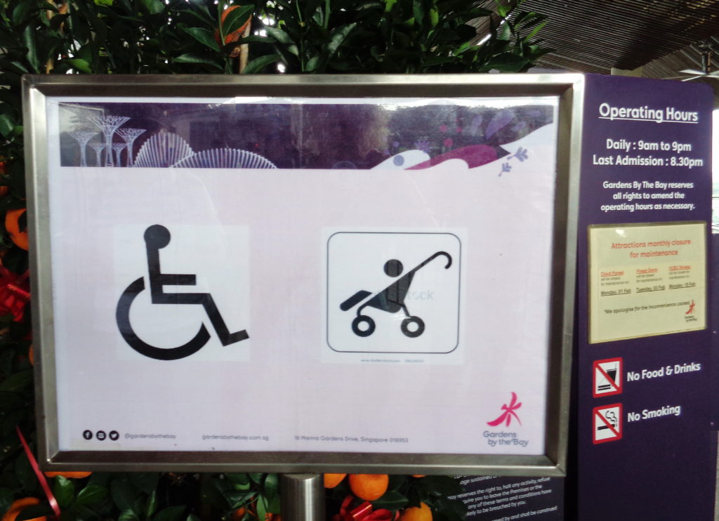 Sign showing symbols for wheelchair access and baby stroller access