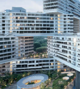 Picture of the Interlace showing how eight storey apartment blocks can be stacked at angles besides and and top of each other.