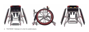 Showing three views of a wheelchair for table tennis players