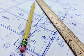 architecture blueprint with rule and pencil