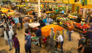 overhead picture of the fresh food section of a supermarket. Shopping - a holistic approach.