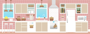 Stylised drawing of a kitchen, somewhat 1950s style with pink and blue colours. Analysis of kitchen design to include UD features.
