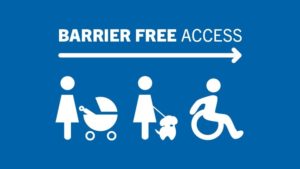 A blue background with three icons. One shows a woman pushing a pram, the next a woman with a dog, the third, a wheelchair user. The icons are in white