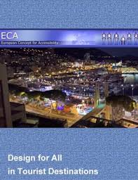 Front cover of publication. Blue background with a night time scene across a city. Design for All inclusive tourism.