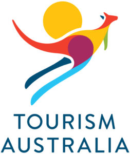 Logo of Tourism Australia - Colourful kangaroo shape with blue upper case text