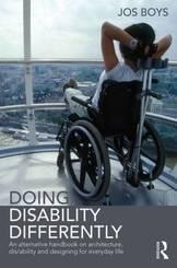 cover of book showing a young person in a wheelchair looking out over rooftops in the London Eye. Doing disability differently by Jos Boys.