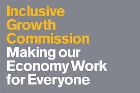 Logo for the inclusive growth commission. Grey background with yellow and white text