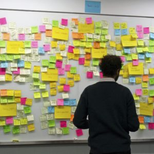 a man stands in front of a wall covered in bright coloured post it notes which have different ideas and actions