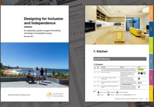 Front cover of the guidelines showing three people standing and one in a wheelchair looking out over a beach scene. Designing homes for inclusion and independence.