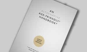 Front cover of the age friendly handbook. Simple layout white with black text