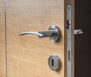 A chrome lever door handle with the door ajar. The door is timber
