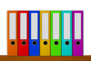 seven ring binders standing upright on a shelf each in a different colour of the rainbow. Universal design policy and policy development.