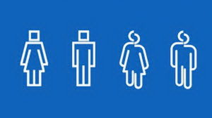 four white figures on a blue background showing a man and woman with a square head and a man and a woman with a misshapen head