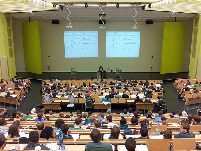 view from the back of a university lecture theatre where students are seated listening to a lecture.