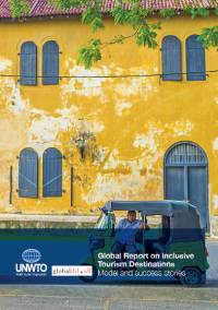 Front cover of the Inclusive Tourism Global Report showing a yellow two storey building with blue doors and shutters. A man sits in a tuk tuk outside.