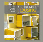 Front cover of the book showing yellow boxes approximating rooms in homes. Age Friendly Housing.