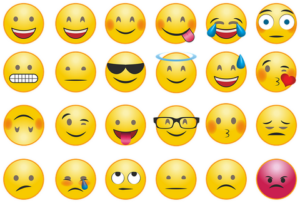 Set of emoji faces depicting various emotions from happy to sad, and angry to loving.