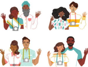 Four male and female couples with different skin tones and face shapes. Inclusive illustrations.