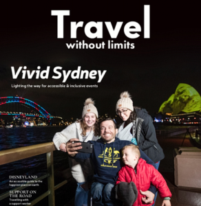Front cover of the magazine showing a family at the Vivid Sydney festival. The father is sitting in a wheelchair. His wife and two children surround him.