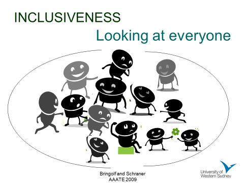 Graphic of stick people in various poses with the caption, "Inclusiveness,, looking at everyone