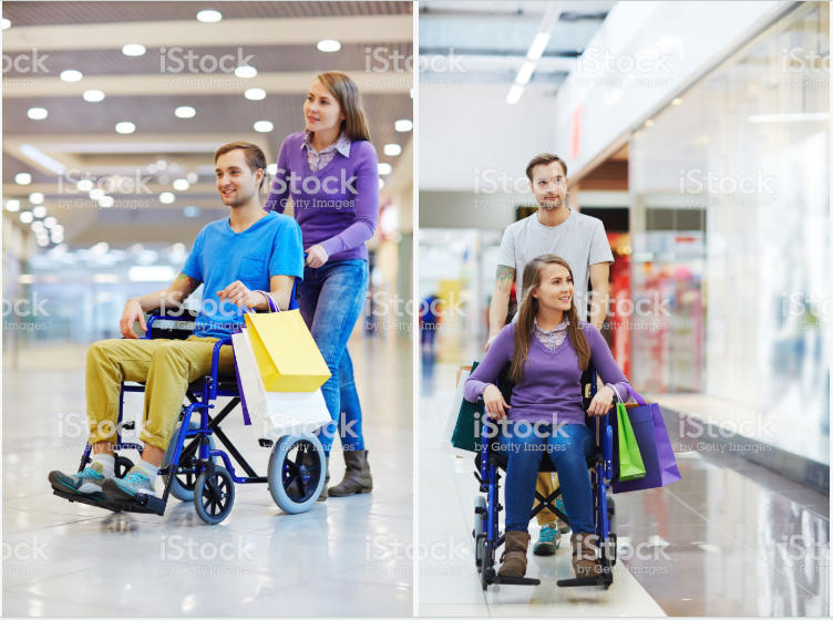 Shutterstock image of a young person being pushed in a hospital wheelchair. The occupant is obviously a model that doesn't look like they have a disability.