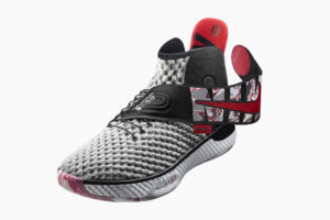 Grey and red basketball shoe showing the drop down back section and warp around fastener.