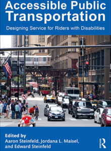 Front cover of the book showing a typical city street in US. There are cars, buses, a train, bicycles and pedestrians.