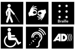 A set of six symbols denoting walking can, signing, Braille, hearing loop, and audio description.