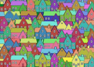 Brightly coloured graphic of little houses clustered together