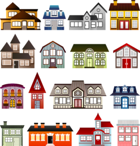 A graphic showing facades of different styles of free standing homes in lots of colours. They look like toy houses.