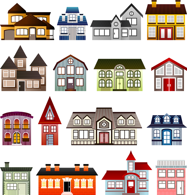 An illustration showing facades of different styles of free standing homes in lots of colours. They look like toy houses.