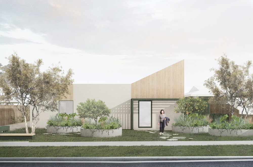 Artists impression of the four unit complex from the street showing treas and plantings and low set building with an angled roofline.