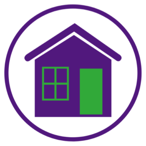 Graphic of a purple house shape with green outline for a window and a door.