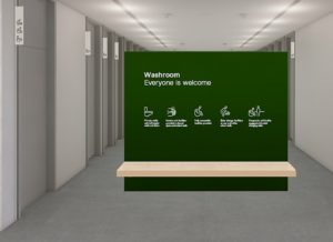 A walkway entrance at a universally designed leisure facility has a big green sign that has icons showing lots of different user groups. Universally designed leisure facilities.