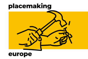 placemaking Europe logo. Yello background with a drawing of a hammer and nail.