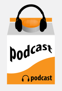 A graphic with a headset and the word podcast.