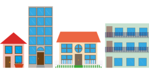 A graphic of four housing types: small house, town house, apartment block and multi-unit dwelling.