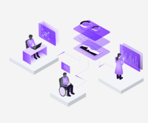A graphic in purple indicating levels of design. There is a graphic of someone at a desk and other using a wheelchair.