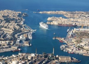 An aerial view of Grand Harbour Malta showing the many bays and dense population.