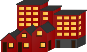 A graphic depicting stylised apartment building and terraced houses. They are dark red with yellow window shapes. Housing design guides.