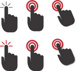 A graphic with six black hands with forefinger pointed each on a circular button.