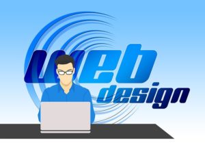 Graphic of a male sitting behind a computer screen with the words web design on the wall behind him.
