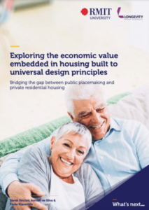 Front cover of the report showing an older grey-haired couple sitting together smiling. Title is exploring the economic value in housing built to universal design principles.