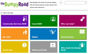 Home Page of Bumpy Road website showing nine coloured sections, each with a separate document.